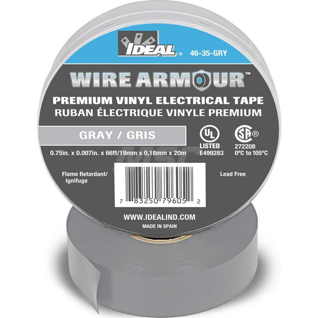 Ideal 46-35-GRY Vinyl Film Electrical Tape: 3/4" Wide, 66' Long, 7 mil Thick, Gray