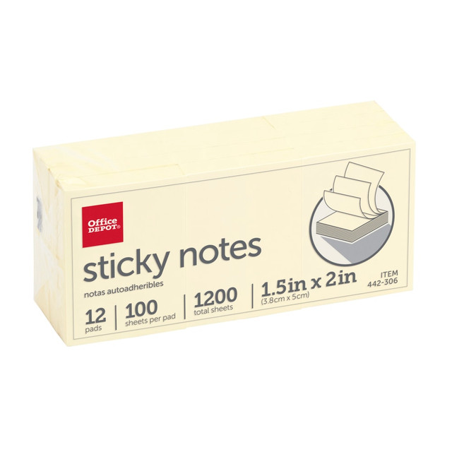 OFFICE DEPOT 21530  Brand Sticky Notes, 1-1/2in x 2in, Yellow, 100 Sheets Per Pad, Pack Of 12 Pads