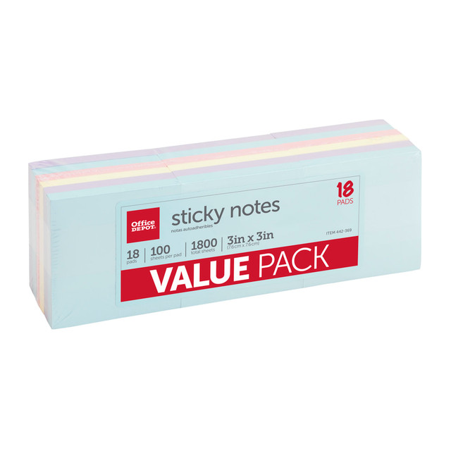 OFFICE DEPOT 21328-18PK  Brand Sticky Notes Value Pack, 3in x 3in, Assorted Pastel Colors, 100 Sheets Per Pad, Pack Of 18 Pads