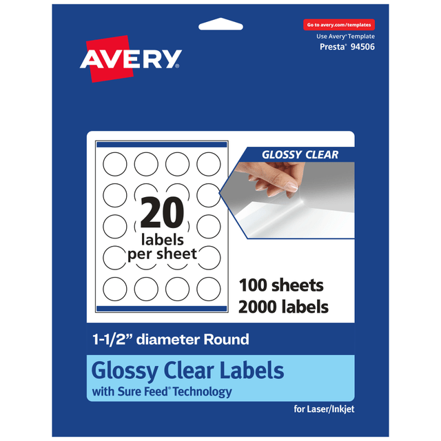 AVERY PRODUCTS CORPORATION 94506-CGF100 Avery Glossy Permanent Labels With Sure Feed, 94506-CGF100, Round, 1-1/2in Diameter, Clear, Pack Of 2,000 AVERY PRODUCTS CORPORATION 94506-CGF100 Avery Glossy Permanent Labels With Sure Feed, 94506-CGF100, Round, 1-1/2in Diameter, Clear, Pack Of 2,000