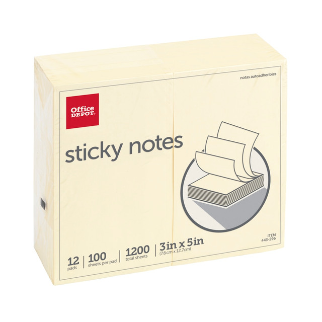 OFFICE DEPOT 21009  Brand Sticky Notes, 3in x 5in, Yellow, 100 Sheets Per Pad, Pack Of 12 Pads