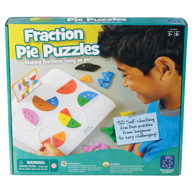 Let children explore the concepts of fractions with 50 leveled puzzles  Helps teach children fractions to show how parts make up a whole. Also reinforces concepts of equivalencies, common denominators and multiples.  Fraction pie pieces create a whole pie when complete.  Puzzles are leveled from easy to difficult to accommodate students of different ages.  Includes a game board, 50 puzzle cards, 65 foam fraction pieces and a guide to get started.