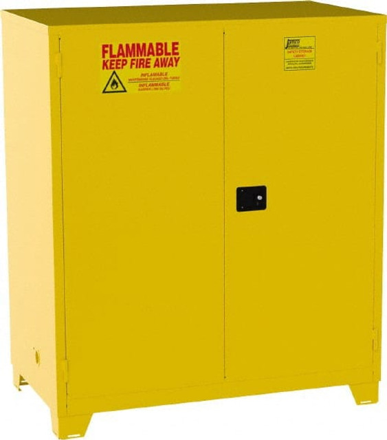 Jamco FM120-YP Flammable & Hazardous Storage Cabinets: 120 gal Drum, 2 Door, 2 Shelf, Manual Closing, Yellow