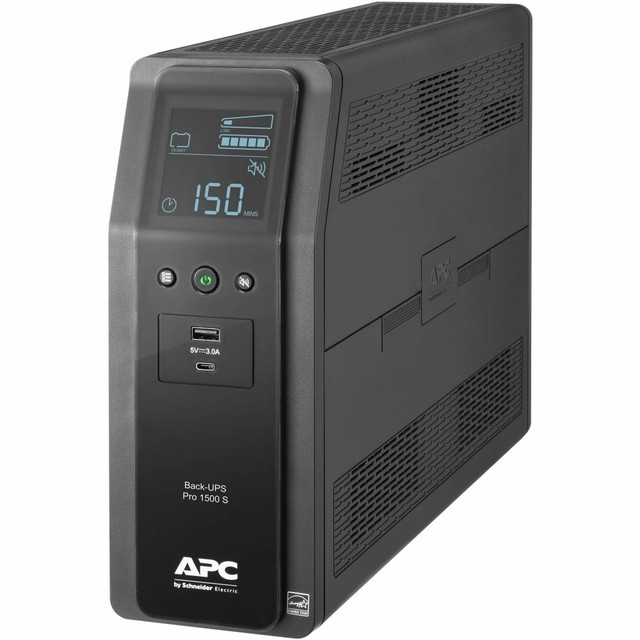 Protect sensitive electronics from dangerous power spikes and blackouts using the APC Back-UPS Pro 10-Outlet/2-USB 1,500-Volt-Ampere Battery Back-Up And Surge Protector. Each unit boasts 10 outlets for a variety of devices, while Automatic Voltage Regulation instantly corrects high/low voltage fluctuations so connected devices receive consistent power.  Uninterruptible power supply for PC computers, wireless routers, IOT devices, security systems, gaming devices, smart TVs and more.  Provides premium backup battery power during power outages and continuously safeguards devices from fluctuating power conditions and surges.  Automatic Voltage Regulation instantly corrects high/low voltage fluctuations so connected devices receive consistent power.  Sinewave uninterruptible power supply is active FC compatible.  Includes 10 outlets (6 battery backup, 4 surge protector only with 1,080 Joules of protection) and 2 USB charging ports.  Connect and charge mobile devices via the 2 USB ports (1 USB Type-A and 1 USB Type-C) that provide a maximum of 3.0 amps.  Features 2 RJ45 data ports to protect DSL, modem or fax lines.  Boasts 2 coaxial ports for additional protection.  Included PowerChute software is available to set up automatic graceful shutdown of a connected PC in the event of an extended power outage.  Dynamic 900-watt capacity.  Audible alarms provide notification of changing utility power and UPS conditions. Audible alarms can be muted.  Angled LCD display provides details concerning power-load of connected devices, battery runtime based on connected devices, the power level of the battery and more.  Features 3 soft-touch buttons on the front to configure settings.  Backed by the manufacturer's 2-year limited warranty.  Energy efficient - designed to use less energy than alternative products, potentially helping you save money and reduce your carbon footprint.  Helps save energy - designed to limit the energy used by other products, potentially helping you reduce your carbon footprint and save money.