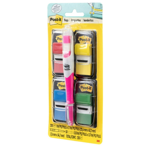 Find it fast with Post-it Flags in bright eye-catching colors that get noticed. They make it simple to mark or highlight important information in textbooks, calendars, notebooks, planners and more. They stick securely, remove cleanly and come in a wide variety of colors. Draw attention to critical items or use them to index, file or color code your work, either at home, work or in the classroom. Try with Post-it Notes for the ultimate study duo. Assorted Bright Colors, 1 in. wide, 50/Dispenser, 4 Dispensers/Pack plus FREE Post-it Flag+ Highlighter.  Assorted Bright Colors, 1 in. Wide  Find it fast  Flags make it simple to mark and highlight important information  Ideal for marking documents without writing on them  Bright colors and high-quality stick so you can always find your spot  Make it simple to request action  Sticks securely and removes cleanly  The dispenser keeps flags organized and easy to find  Assorted Bright Colors, 1 in. wide.  50 per Dispenser, 4 Dispensers per pack plus FREE Post-it Flag+ Highlighter  Try with Post-it Notes for the ultimate study duo.
