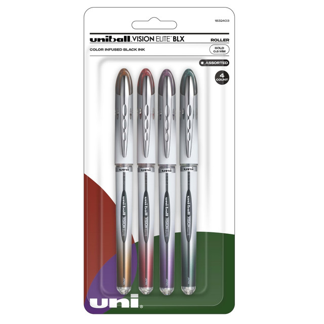 NEWELL BRANDS INC. 1832403 uni-ball Vision Elite Liquid Ink Rollerball Pens, Bold Point, 0.8 mm, White Barrels, Assorted Ink Colors, Pack Of 4 NEWELL BRANDS INC. 1832403 uni-ball Vision Elite Liquid Ink Rollerball Pens, Bold Point, 0.8 mm, White Barrels, Assorted Ink Colors, Pack Of 4