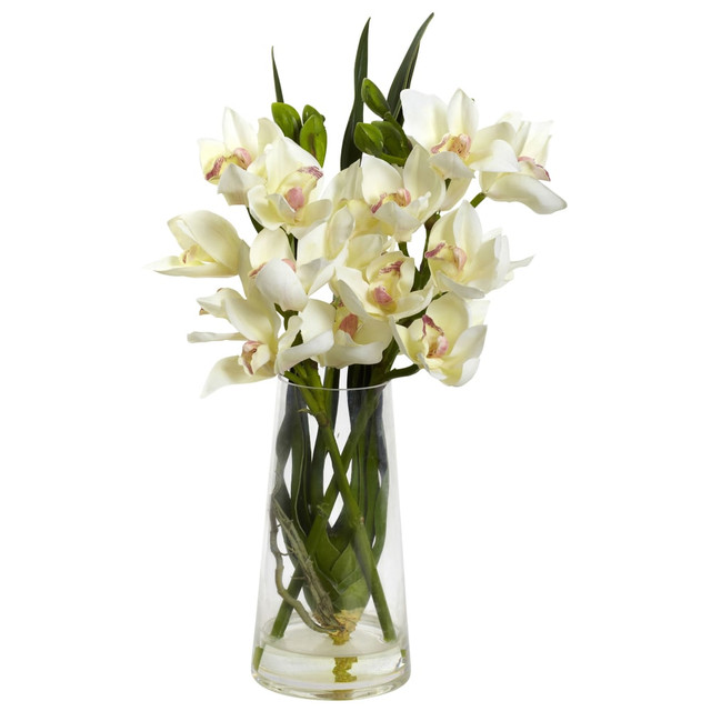 NEARLY NATURAL INC. 4992 Nearly Natural Cymbidium Orchid 19inH  Plastic Floral Arrangement With Vase, 19inH x 10inW x 7inD, White/Green