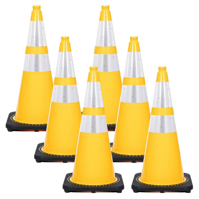 Mr. Chain 97572-6 Traffic Cones; Cone Type: Traffic Cone with Base ; Color: Yellow ; Cone Material: PVC ; Base Material: Rubber ; Reflective Collars: Yes ; Reflective Bands: Yes