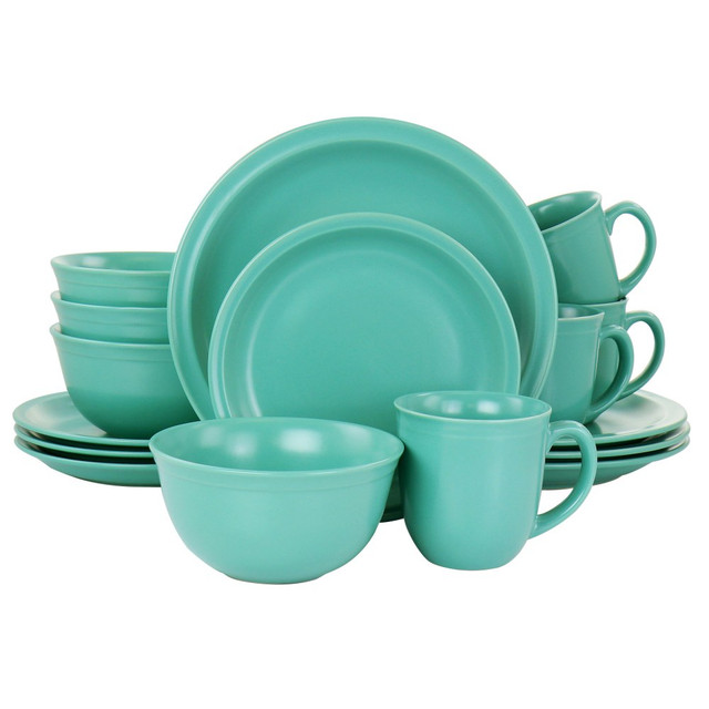 Choose this Gibson Home 16-Piece Siam Stoneware Dinnerware Set for your everyday dining set. With a durable stoneware construction, this dinnerware set is built to last.  Durable stoneware construction.  Microwave and dishwasher safe for easy use.  Set includes: 4 dinner plates, 4 dessert plates, 4 bowls, 4 mugs.