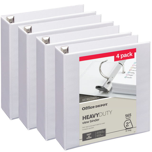 Ensure your paper work is organized and protected with this Office Depot heavy-duty D-ring binder. Compatibility with standard three-hole punched pages makes it easy to gather your papers for storage, while the binder board construction delivers durability to handle the workday or multiple classes. Featuring nonstick polypropylene covers, this Office Depot heavy-duty D-ring binder resists ink transfer to keep your writing clear and readable.  Nonstick polypropylene covers resist ink transfer.  Heavy-duty binder boards add strength and durability.  Office Depot heavy-duty binders' wide front and back binder panels fully cover divider tabs and sheet protectors.  Four clear interior pockets provide space to stash loose sheets of paper.  2in binder holds 565 sheets.  UL Claim Validation - UL environmental claim validations lend third-party credibility to single-attribute environmental claims.  Contains Recycled Content - See Specs for Details.