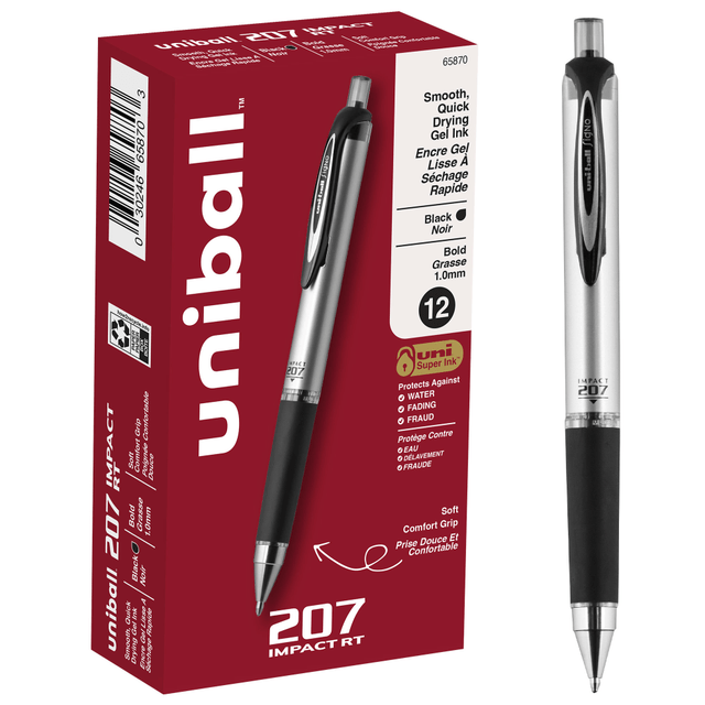 NEWELL BRANDS INC. 65870 uni-ball RT Gel Pens, 207 Impact, Bold Point, 1.0 mm, Gray Barrel, Black Ink, Pack Of 12 NEWELL BRANDS INC. 65870 uni-ball RT Gel Pens, 207 Impact, Bold Point, 1.0 mm, Gray Barrel, Black Ink, Pack Of 12