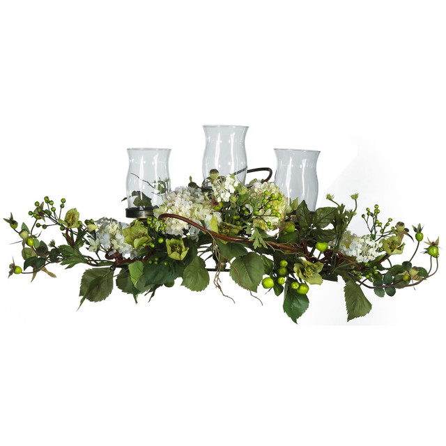 NEARLY NATURAL INC. 4634-CR Nearly Natural Hydrangea Triple Candelabrum Centerpiece, 12-1/2inH x 28-1/2inW x 10inD, Cream