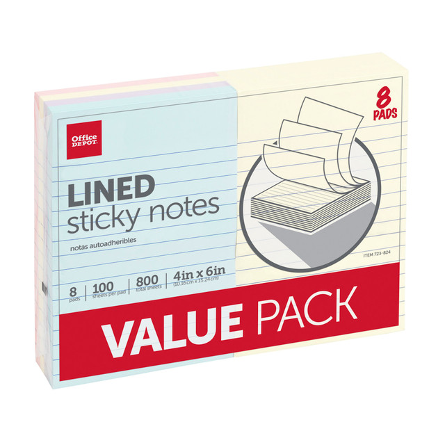 OFFICE DEPOT 21056  Brand Lined Sticky Notes, 4 in x 6 in, Assorted Pastel Colors, 100 Sheets Per Pad, Pack Of 8