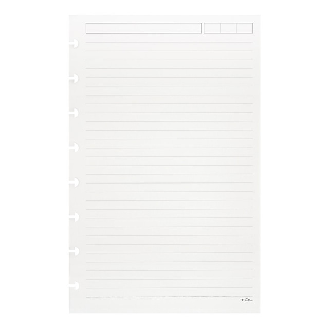 Organize filler pages according to your note-taking needs.  Part of the premium TUL Custom Note-Taking System that allows you to add or remove pages. Sold separately.  This premium paper offers a smooth writing experience that wonT bleed through.  Available in a variety of formats for you to mix and match refill page types within your notebook.  8-hole punched sheets are ruled with 1 column and 30 lines.