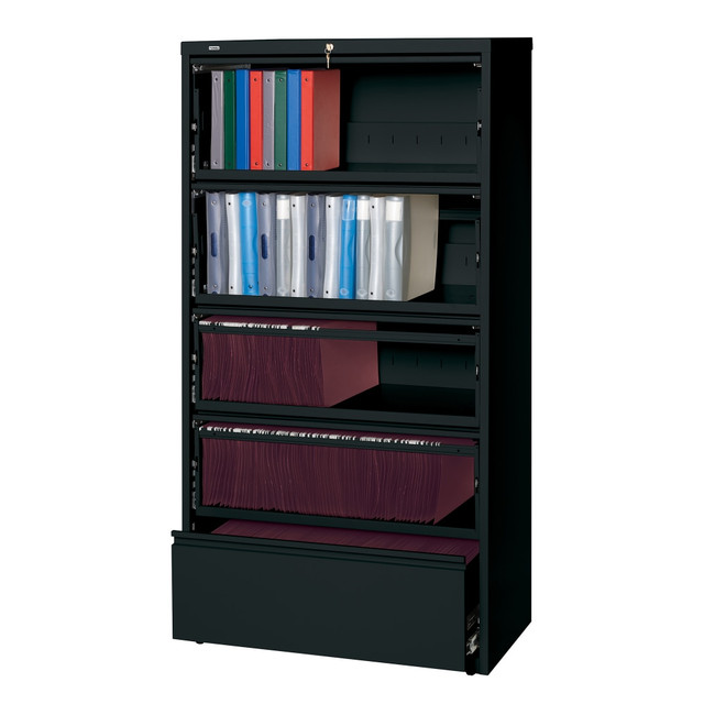 LORELL 43513  Fortress 36inW x 18-5/8inD Lateral 5-Drawer File Cabinet With Roll-Out Shelves, Black