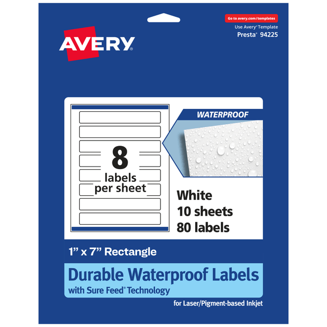 AVERY PRODUCTS CORPORATION 94225-WMF10 Avery Waterproof Permanent Labels With Sure Feed, 94225-WMF10, Rectangle, 1in x 7in, White, Pack Of 80