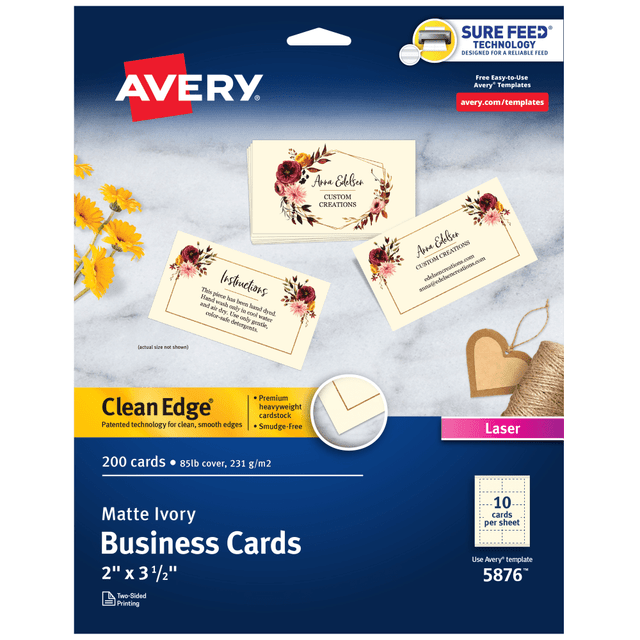 AVERY PRODUCTS CORPORATION 5876 Avery Clean Edge Printable Business Cards With Sure Feed Technology For Laser Printers, 2in x 3.5in, Ivory, 200 Blank Cards