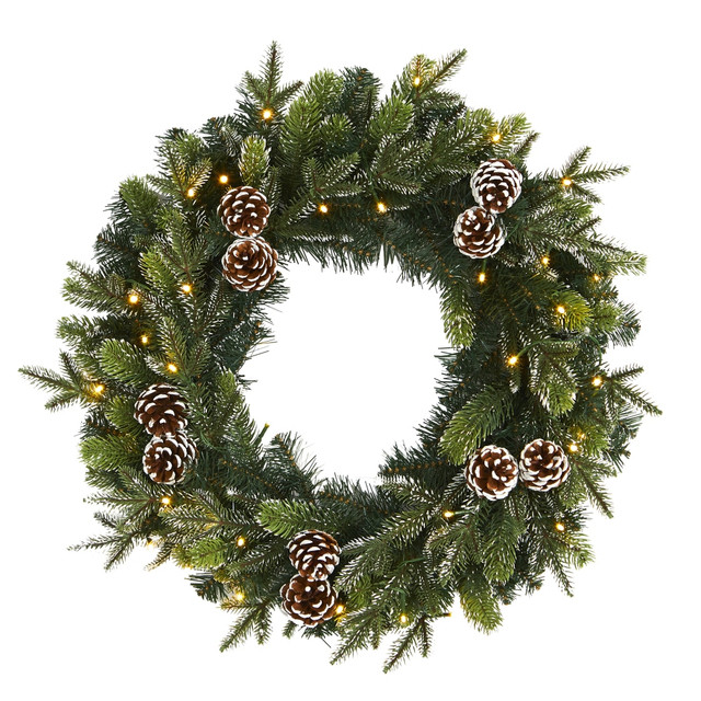 NEARLY NATURAL INC. W1118 Nearly Natural 24inH Snowed Pine Cone Artificial Christmas Wreath With 35 LED Lights, 24in x 5in, Green