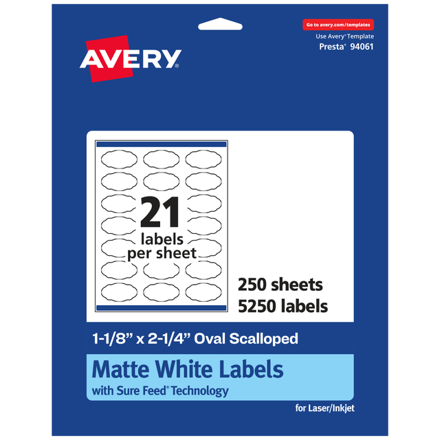 AVERY PRODUCTS CORPORATION 94061-WMP250 Avery Permanent Labels With Sure Feed, 94061-WMP250, Oval Scalloped, 1-1/8in x 2-1/4in, White, Pack Of 5,250 AVERY PRODUCTS CORPORATION 94061-WMP250 Avery Permanent Labels With Sure Feed, 94061-WMP250, Oval Scalloped, 1-1/8in x 2-1/4in, White, Pack Of 5,250