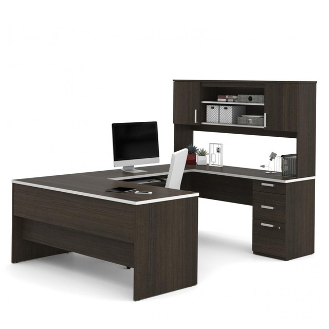 BESTAR INC. Bestar 52414-79  Ridgeley 65inW U-Shaped Executive Computer Desk With Pedestal And Hutch, Dark Chocolate