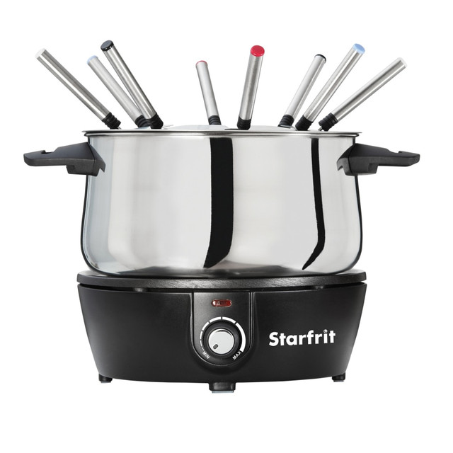 Enjoy a luxurious fondue at home with a Starfrit 3.2-Qt Electric Fondue Set. The durable stainless steel set features adjustable temperature control to easily find the correct heat for your hotpot, cheese or chocolate fondue.  Find the ideal heat using the adjustable temperature control across 1,500W of power.  Splash guard helps to prevent messes and spills.  Stainless steel pot is dishwasher safe.  Use cool-touch handles to safely move the pot.  Quick-release magnetic cord promotes safe use.  Includes an instruction manual and 8 stainless steel forks.  Backed by the manufacturer's 1-year limited warranty.