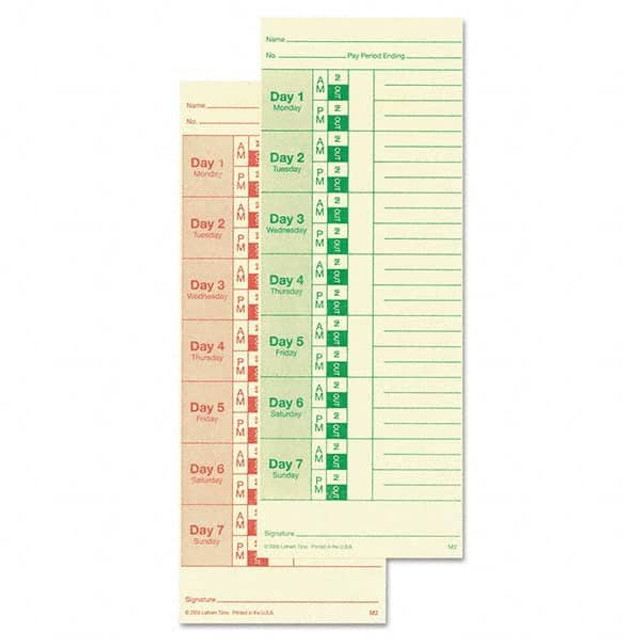 Lathem Time LTHM2100 Time Cards & Time Clock Accessories; For Use With: All Side Print Time Clocks ; Color: Manila ; Overall Width: 9in ; Overall Height: 3.5in ; Number Of Sides: 2 ; Records: Bi-Weekly; Weekly Time