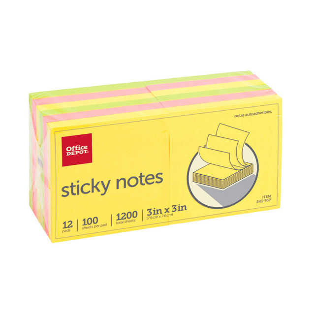OFFICE DEPOT 21332-BRIGHT  Brand Sticky Notes, 3in x 3in, Assorted Neon Colors, 100 Sheets Per Pad, Pack Of 12 Pads, 21332-BRIGHT