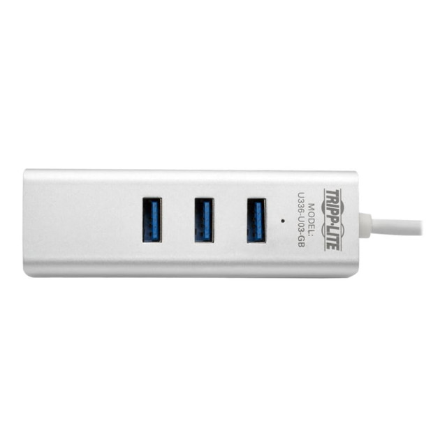 TRIPP LITE U336-U03-GB  USB 3.0 SuperSpeed to Gigabit Ethernet NIC Network Adapter w/ 3 Port USB Hub - Network adapter - USB 3.0 - Gigabit Ethernet x 1 + USB 3.0 x 3 - silver