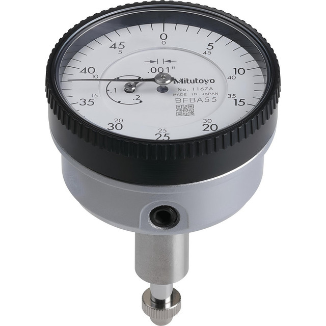 Mitutoyo 1167A Dial Test Indicators; Minimum Measurement (Decimal Inch): 0 ; Maximum Measurement (Decimal Inch): 0.2000 ; Accuracy (Decimal Inch): +/-.001 ; Indicator Style: Vertical ; Bearing Type: Plain ; Dial Graduation (Decimal Inch): 0.001000