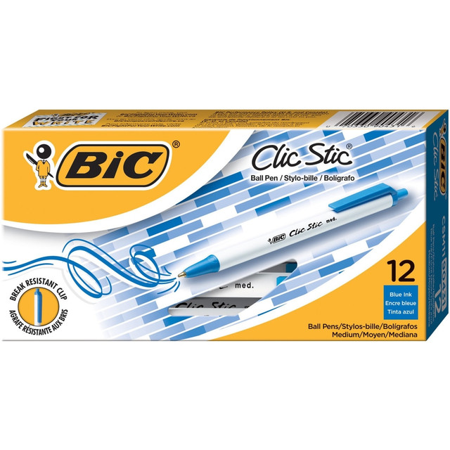 Experience a comfortable round barrel design with BIC Clic Stic Retractable Ballpoint Pens. These 1.0mm medium point retractable ballpoint pens are great for everyday writing at work, school or home for all of your writing needs. With a round barrel for your comfort, they're the ideal ball point pens for writing lists, taking notes, journaling and more. BIC Clic Stic Retractable Ballpoint Pens are a smart choice for art or school supplies. Write easily with these retractable pens. Plus, the plastic clip easily attaches to pockets, notebooks and more for quick access on the go and is break resistant. Designed for convenience, these retractable pens let you start writing with just one click. Looking for reliable pens for school or office supplies? Choose BIC Clic Stic Retractable Ballpoint Pens for a high-quality, affordable product you can trust.  Dual-purpose, color-coded pocket clip matches the ink color, so you can choose the right shade at a glance.  1.0 mm medium point retractable ballpoint pens let you create strong, sure strokes.  Retractable ball pen point keeps ink fresh and ready to use whenever you want.  Round barrel offers a smooth, frictionless hold to provide a non-irritating writing experience.  These retractable ballpoint pens have blue ink and come in a pack of 12.