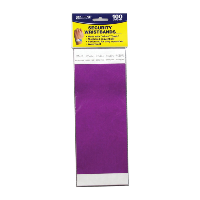 BAUMGARTENS C-Line CLI89109BN  DuPont Tyvek Security Wristbands, 3/4in x 10in, Purple, 100 Wristbands Per Pack, Set Of 2 Packs