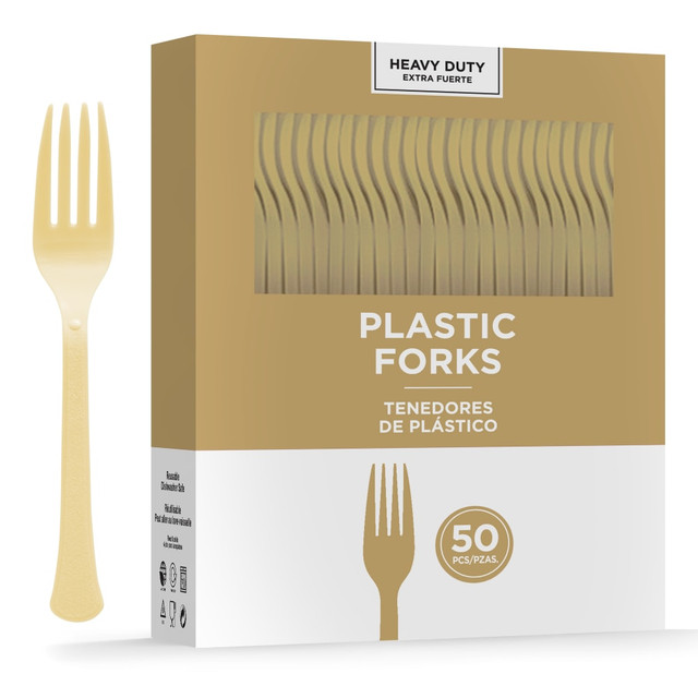 AMSCAN 8017.19  8017 Solid Heavyweight Plastic Forks, Gold, 50 Forks Per Pack, Case Of 3 Packs