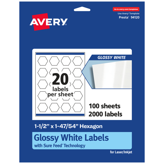 AVERY PRODUCTS CORPORATION 94120-WGP100 Avery Glossy Permanent Labels With Sure Feed, 94120-WGP100, Hexagon, 1-1/2in x 1-47/54in, White, Pack Of 2,000