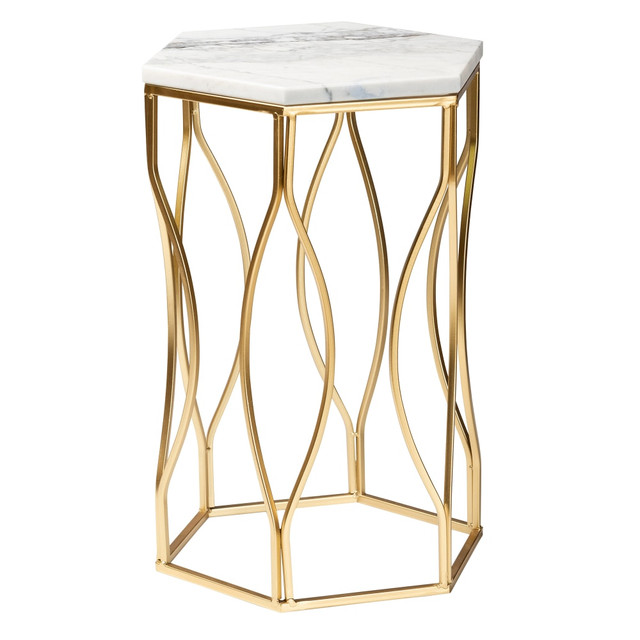 WHOLESALE INTERIORS, INC. 2721-12102 Baxton Studio Kalena End Table With Marble Tabletop, 20-15/16inH x 14-1/4inW x 12-7/16inD, Gold