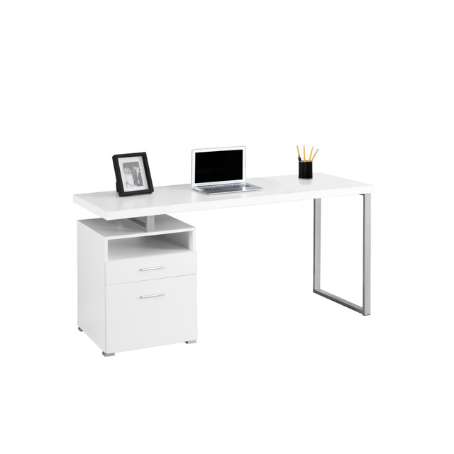 MONARCH PRODUCTS Monarch Specialties I 7144  Contemporary 60inW Computer Desk With 2-Drawers And Open Shelf, Silver/White