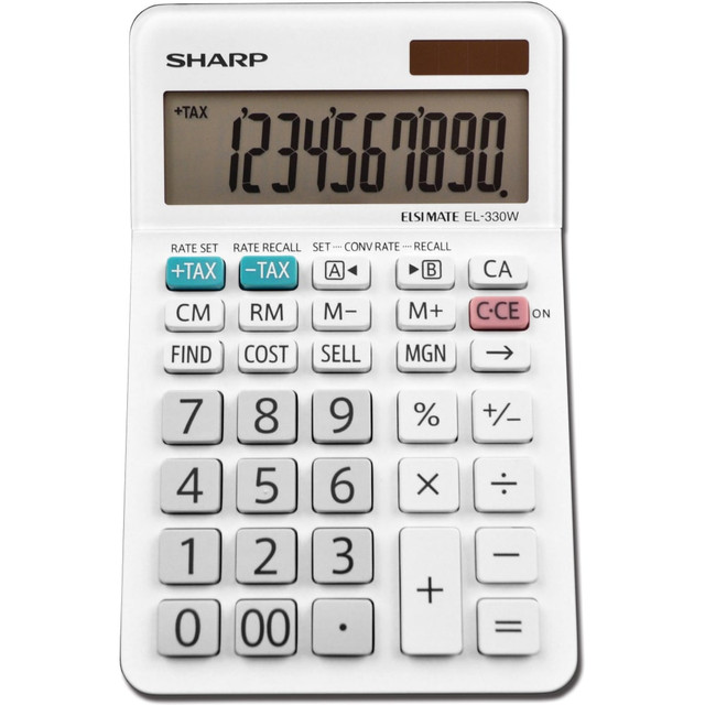 Quickly complete math queries with this calculator  Large buttons make pressing the right number more intuitive. Extra-large plus key makes calculations fast.  Automatic tax keys, a percent key, a square root key, a clear memory key and a backspace key enable flexible use.  Features solar power with battery backup to ensure the calculator is ready when needed.  Backed by the manufacturers 1-year limited warranty.  Large, 1-line LCD display features an angled design for easy reading. 10 characters per line for extended calculations.  4-number memory to accommodate your needs.