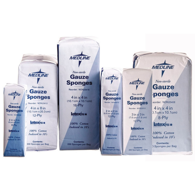 MEDLINE NON25212  Non-Sterile Cotton Gauze Sponges, 12-Ply, 2in x 2in, Case Of 8,000