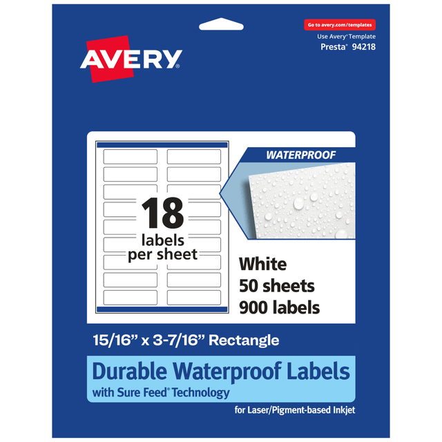 AVERY PRODUCTS CORPORATION 94218-WMF50 Avery Waterproof Permanent Labels With Sure Feed, 94218-WMF50, Rectangle, 15/16in x 3-7/16in, White, Pack Of 900 AVERY PRODUCTS CORPORATION 94218-WMF50 Avery Waterproof Permanent Labels With Sure Feed, 94218-WMF50, Rectangle, 15/16in x 3-7/16in, White, Pack Of 900