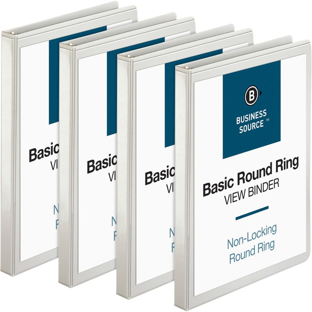 BUSINESS SOURCE 09951BD RounD-Ring View Binder, 1/2in Ring, 8 1/2in x 11in, White, Pack Of 4 BUSINESS SOURCE 09951BD RounD-Ring View Binder, 1/2in Ring, 8 1/2in x 11in, White, Pack Of 4