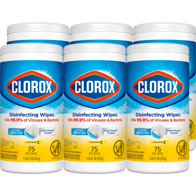 THE CLOROX COMPANY CLO01628 Clorox Disinfecting Wipes, Bleach Free Cleaning Wipes - Crisp Lemon - 75 Count (Pack of 6)