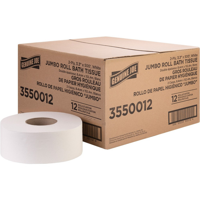 GENUINE JOE 3550012  Jumbo Jr Dispenser Bath Tissue Roll - 2 Ply - 3.30in x 500 ft - 8.88in Roll Diameter - White - Fiber - 12 / Carton