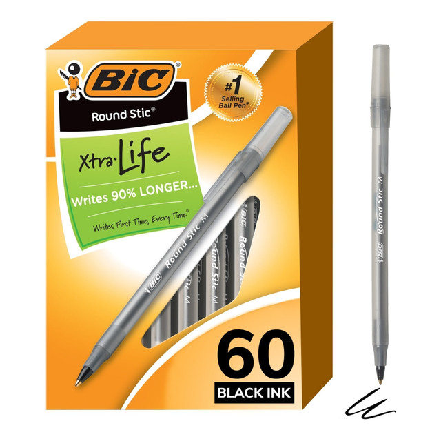 BIC CORP GSM609-BLK BIC Round Stic Ballpoint Pens, Medium Point, 1.0 mm, Translucent Barrel, Black Ink, Pack Of 60 Pens