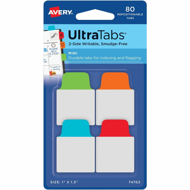 AVERY PRODUCTS CORPORATION 74763 Avery UltraTabs Repositionable Mini Tabs - Write-on Tab(s) - 1.50in Tab Height x 1in Tab Width - Assorted Tab(s) - 80 / Pack