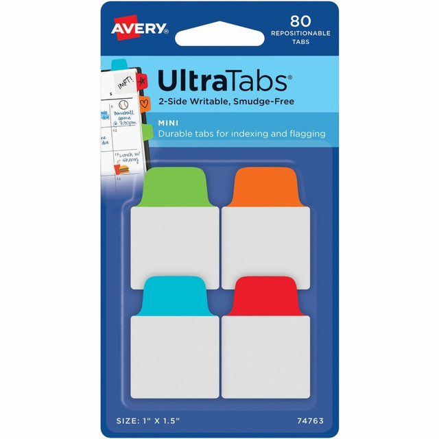 AVERY PRODUCTS CORPORATION Avery 74763  UltraTabs Repositionable Mini Tabs - Write-on Tab(s) - 1.50in Tab Height x 1in Tab Width - Assorted Tab(s) - 80 / Pack