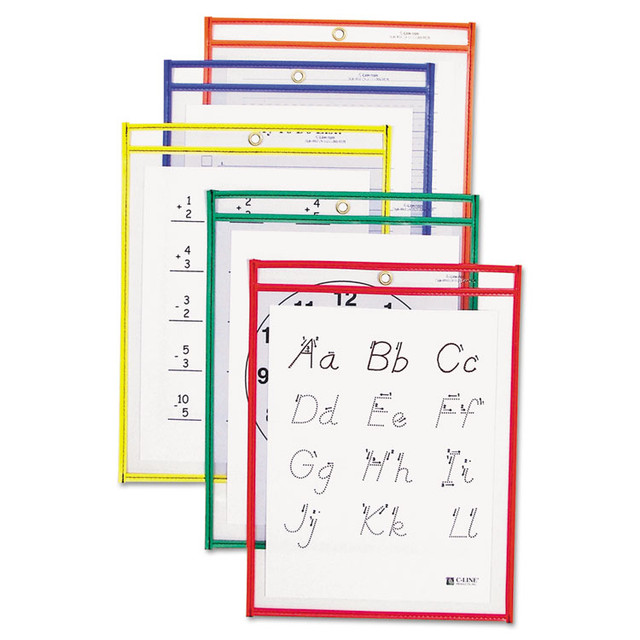 C-LINE PRODUCTS, INC 40630 Reusable Dry Erase Pockets, Super Heavy-Duty, Top Load 9 x 12 Insert, Clear Front, Assorted Border Colors, 5/Pack