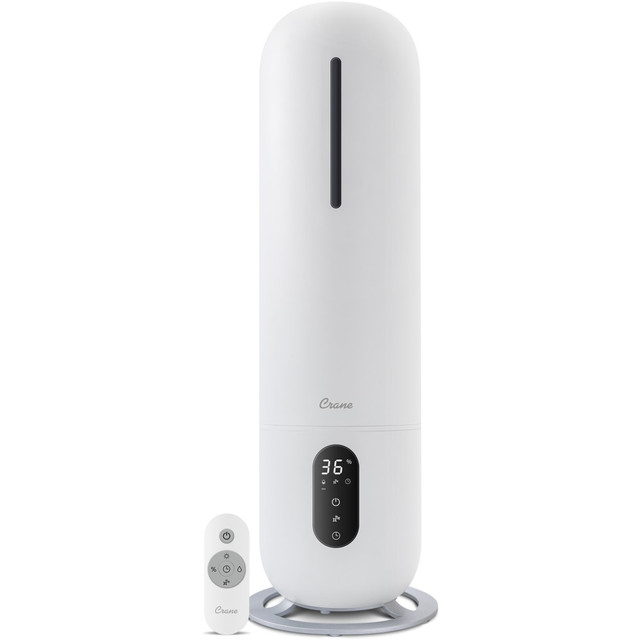 Breath easily using the Crane Ultrasonic Cool Mist Tower Humidifier. A UV-A light helps to reduce germs in the water tank to keep your humidifier germ-free.  Covers rooms up to 500 sq. ft.  Top fill humidifier is filter free. Remove the lid and quickly fill the 2-gallon tank.  Humidity level can be set between 40% and 80%.  Ultrasonic programmable humidifier produces a cool, ultra-fine mist.  Integrated UV-A light helps to reduce germs in the water tank.  Includes an aromatherapy tray at the base of the tank.  Sleep mode dims lights.  Automatic shutoff safety feature activates when water runs out.  Runs up to 48 hours.  Backed by the manufacturers 1-year limited warranty.