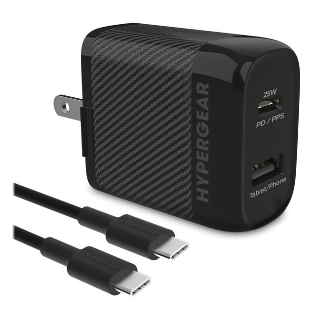 Boost your charging efficiency with the HyperGear SpeedBoost 25W PD Dual-Output USB-C Wall Charger Kit. This kit comes with a dual-port wall charger and a 6ft USB-C to USB-C PD fast-charging cable that can charge Android phones from 0 to 50% in under 30 minutes. The PPS support is able to make micro-adjustments throughout the charging cycle on compatible phones to protect your battery and improve charge time.  Includes dual-port wall charger and 6ft USB-C to USB-C PD fast-charging cable.  Charger has a 25W USB-C PD port.  Capable of charging phones from 0 to 50% in under 30 minutes with Power Delivery.  PPS support is able to make micro-adjustments throughout the charging cycle on compatible phones to improve efficiency and protect your battery.  USB-C to USB-C fast-charging cable can high-speed charge your phone or tablet.  Additional 12W USB port is compatible with all charging cables that use a USB-A connector.  Smart chip technology detects each devices charging needs and regulates power flow to optimally charge batteries.  Supports PD up to 60W.  Safety features include protection from overcharging, overheating, overvoltage, and short-circuit failures.  Backed by the manufacturers 1-year limited warranty.