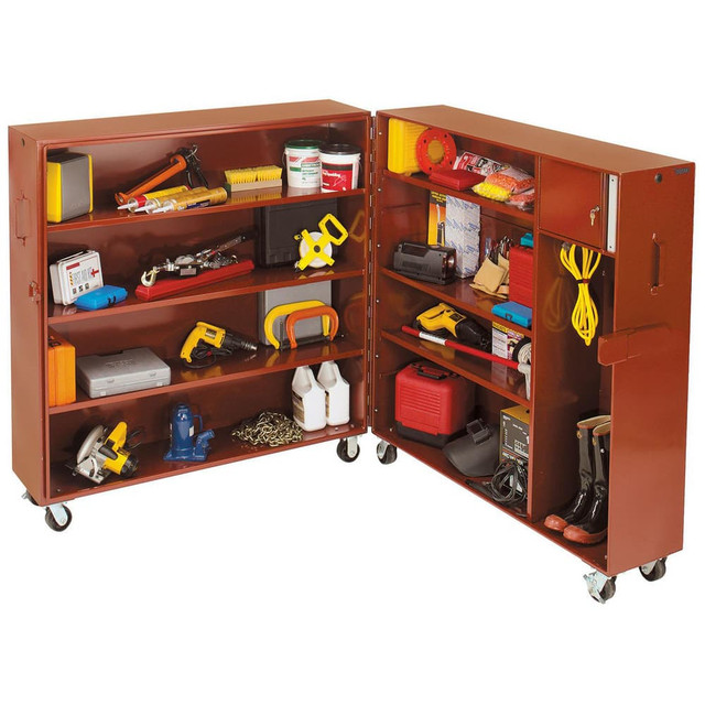 Jobox 692990 Job Site Tool Storage; Box Type: Tool Storage Cabinet ; Overall Weight Capacity: 2500lb ; Locking Mechanism: Padlock ; Handle Type: Recessed Side ; Mobility: Mobile ; Color: Brown