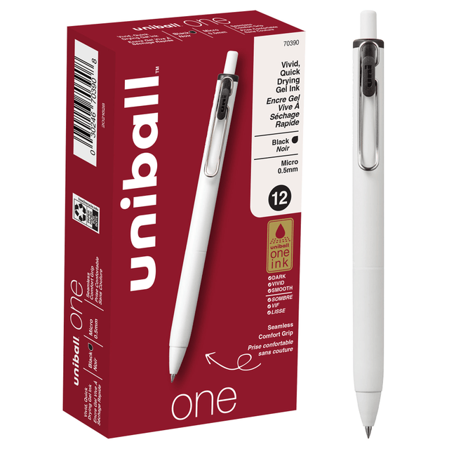 MITSUBISHI PENCIL COMPANY, LTD. 70390 Uni-Ball One Retractable Gel Pens, Micro Point, 0.5 mm, White Barrel, Black Ink, Pack Of 12 Pens MITSUBISHI PENCIL COMPANY, LTD. 70390 Uni-Ball One Retractable Gel Pens, Micro Point, 0.5 mm, White Barrel, Black Ink, Pack Of 12 Pens