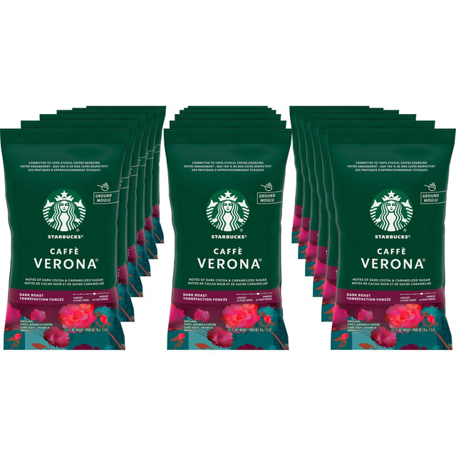 With a full day ahead of you, its only fitting to start off with a cup of your favorite Starbucks coffee. The Starbucks Caffe Verona  Blend is well-balanced and has a distinctive dark cocoa texture in every sip. Brew up some coffee for yourself or for your whole crew for a boost of energy and flavor.  Rich and well-balanced flavor with roasty sweetness.  Dark cocoa texture.  Pre-ground coffee beans.  Ready for drip-brewing.  Includes 18 coffee packets.